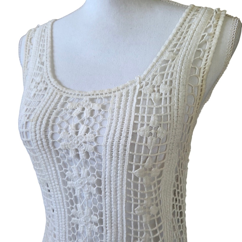Y2K Boho Crochet Knit Tank Top Cream Floral Lace Fringe Coquette Cottagecore L